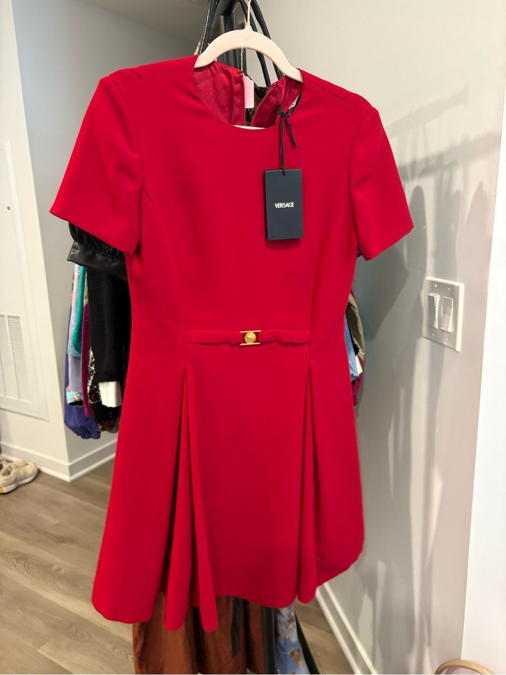 Versace Red Short-Sleeve A-Line Dress with Gold Accent